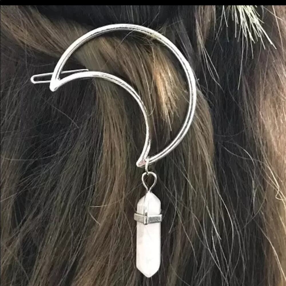 Crystal Crescent Moon Rose Quartz Pendant Hair Clip Barrette - Picture 7 of 7
